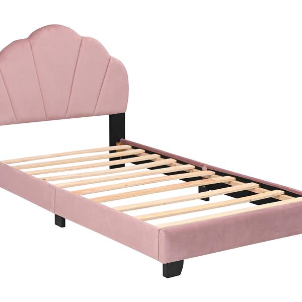 Upholstered Twin Size Platform Bed for Kids, Wooden Bed Frame with Slatted Bed Base, No Box Spring Needed, Cute Bed Frame with Shell Design Headboard for Girls Boys Teens, Pink