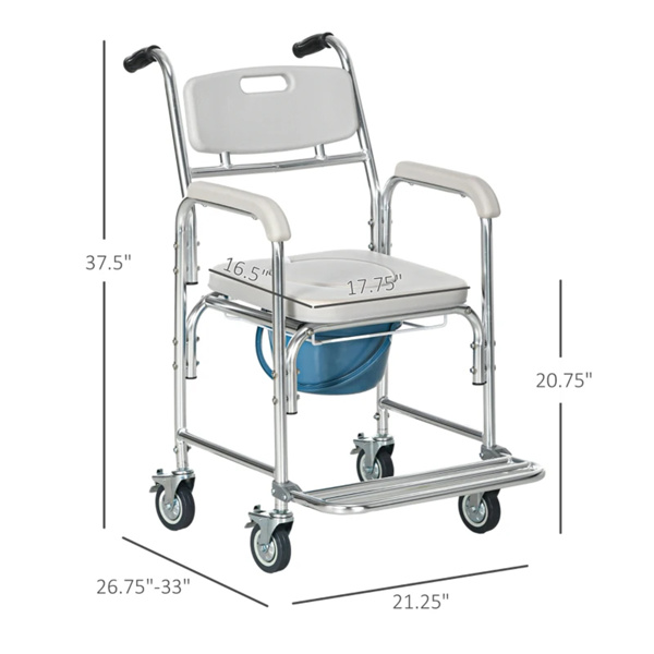  Gray Shower Commode Wheelchair,  Waterproof Rolling Over Toilet Chair with Padded Seat