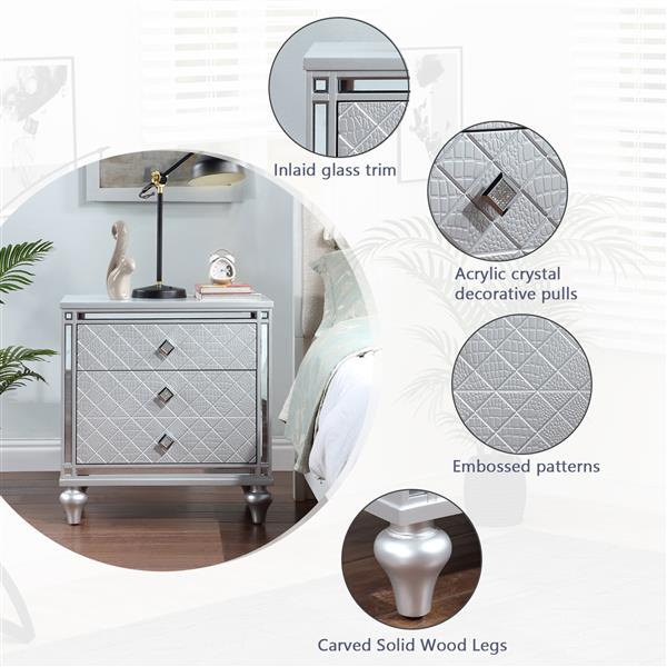 Contemporary Nightstands with mirror frame accents, Bedside Table with two drawers and one hidden drawer, End Table with Crystal Pull for Living Room,Bedroom, Silver