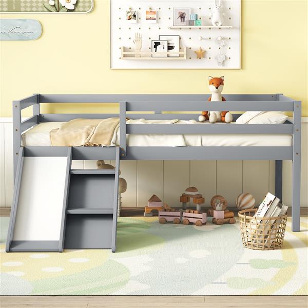 Twin Low Loft Bed with Slide,  Ladder, Safety Guardrails, No Box Spring Needed,Grey