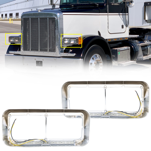 Dual Rectangular 2X for 4x6 Light Headlight Bezel with 12" Amber LED Light Strip for Kenworth T400 T600 T800 W900B W900L Peterbilt 378 379 Western Star 4900 Trucks (Clear Lens/White LED)