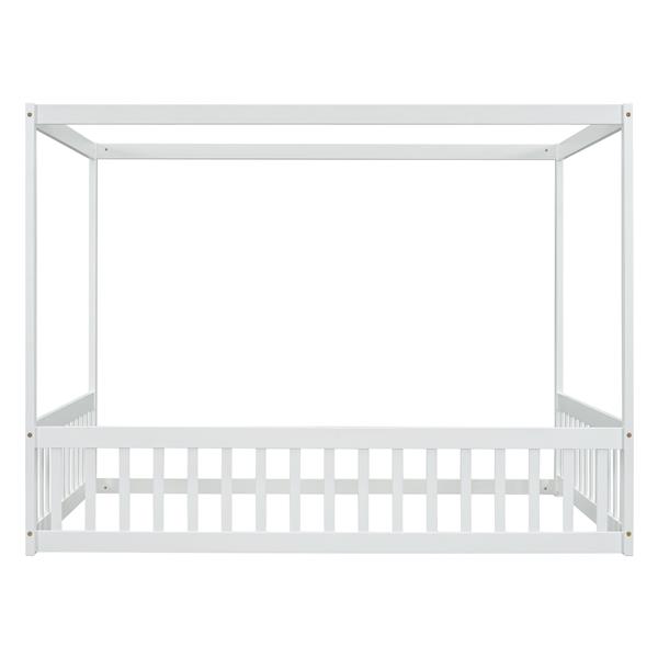 Full Size Canopy Frame Floor Bed with Fence, Guardrails,White