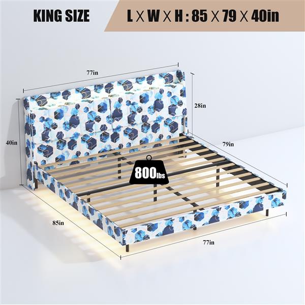 King Floating Bed Frame with LED Light and Charging Station Upholstered Platform Bed Frame King Size with Headboard and Hidden Storage Space, No Box Spring Needed, Blue