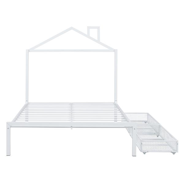 Full Size Metal Platform Bed with two drawers,House-Shaped Headboard Design, White