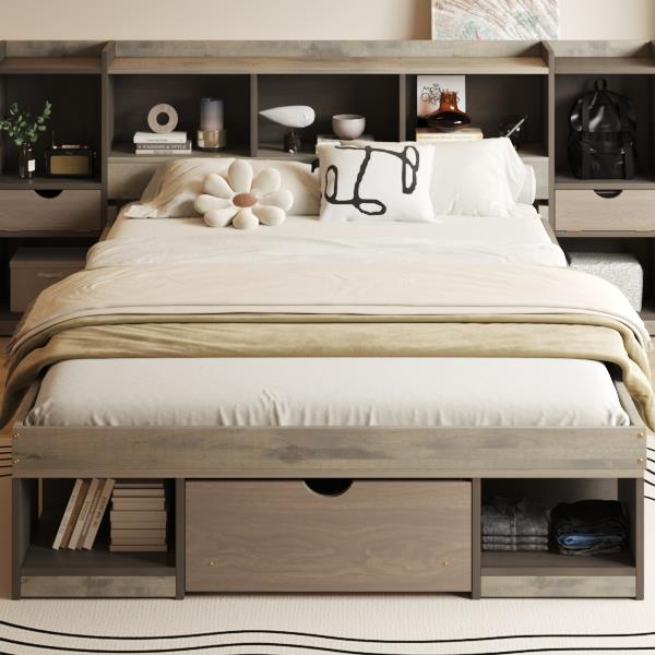 Queen Size Wood Platform Bed with Multi-storage Headboard and a Drawer, Gray