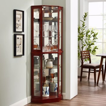 6 Shelf Corner Curio Display Cabinet with Lights, Mirrors and Adjustable Shelves, Cherry(E26 light bulb not included) 