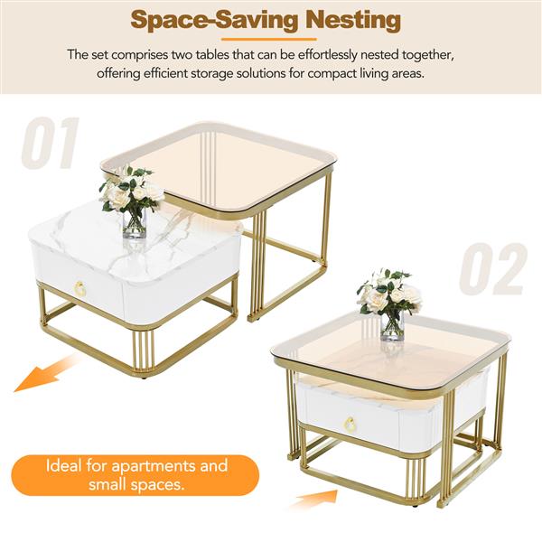 Nesting Coffee Table with Drawer, Set of 2, Exquisite Square Stacking Coffee Tables with Brown Tempered Glass, Side Table with High Gloss Marble Grain Tabletop for Living Room, White