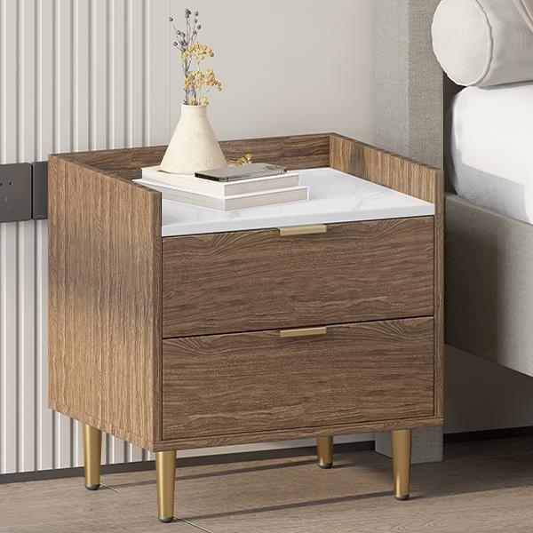 Wooden Nightstand with 2 Drawers and Marbling Worktop, Mordern Wood Bedside Table with Metal Legs&Handles, Walnut