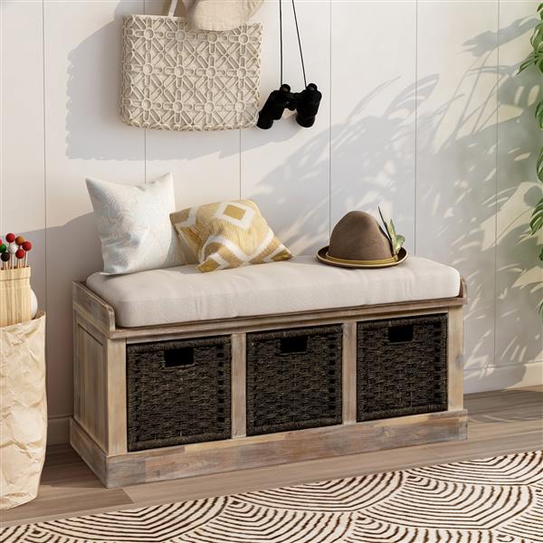 Rustic Storage Bench with 3 Removable Classic Rattan Basket , Entryway Bench with Removable Cushion (White Washed)