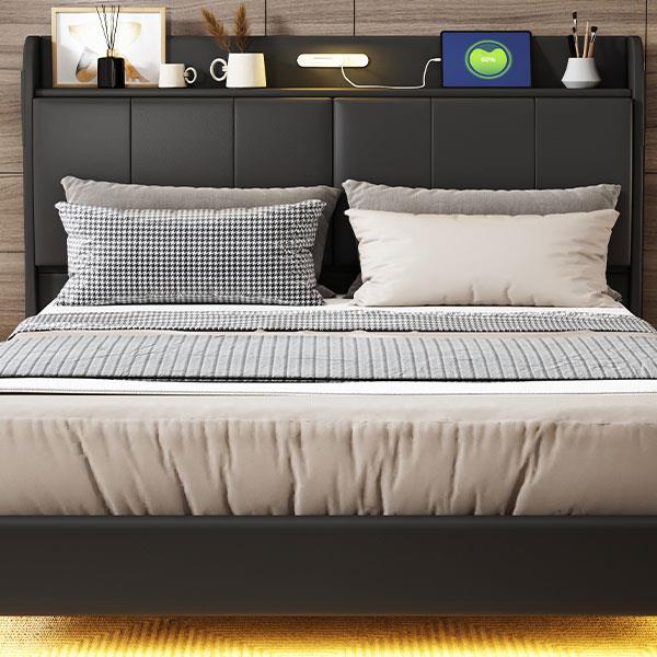 Queen Size Floating Bed Frame with Storage Headboard, Modern Upholstered Platform Bed with Touch Sensor Night Light and USB Charger, Black