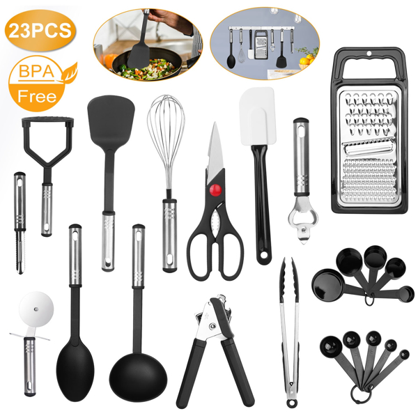 23Pcs Kitchen Utensil Set Stainless Steel Nylon Heat Resistant Cooking Utensil Tool Kit w/ Grater Scraper Tongs Whisk Can Bottle Opener Pizza Cutter Vegetable Peeler Spoon Ladle Turner Spatula Potato 