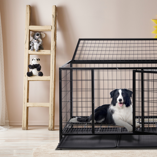 42 Inch Heavy Duty Dog Crate, Metal Dog Cage Dog Kennel for Medium to Large Dogs with Double Doors, Lockable Wheels and Removable Trays for Indoor & Outdoor