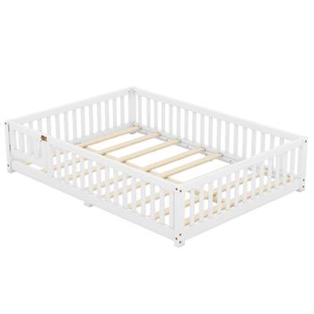 Full Size Bed Floor Bed with Safety Guardrails and Door for Kids, White