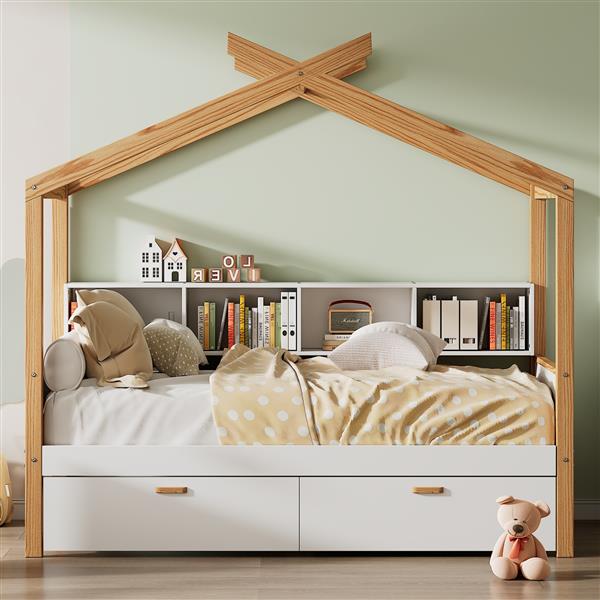 White Twin Size Wooden House Bed Original Wood Colored Frame with Two Drawers and Bookshelf Storage Space for Children or Guest Room