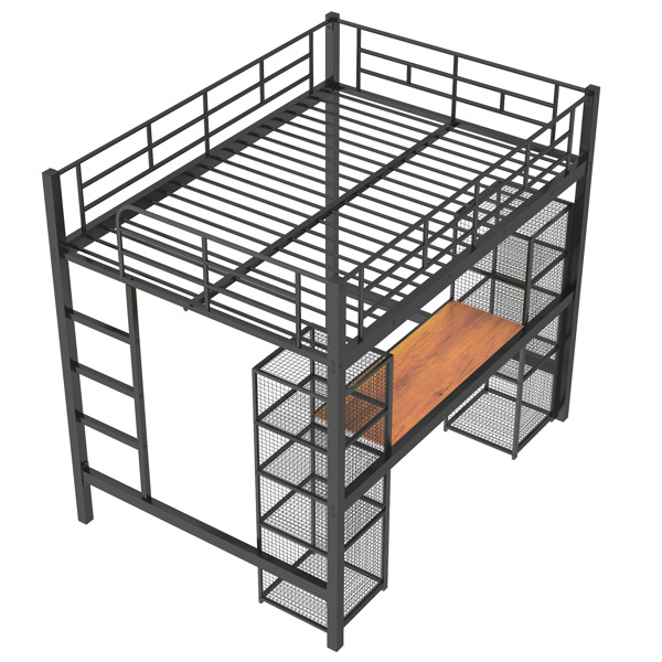 Full Size Metal Loft Bed with Built-in Desk and Shelves, Black+Brown