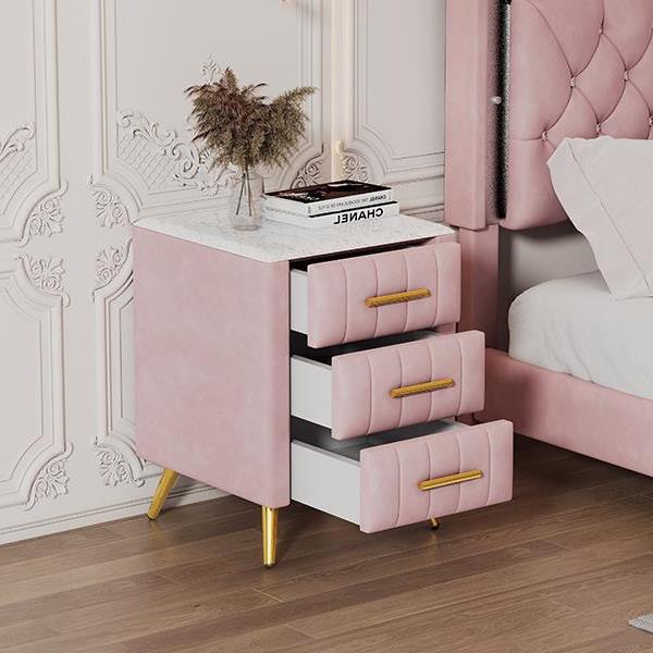 Upholstered Wooden Nightstand with 3 Drawers and Metal Legs&Handles,Fully Assembled Except Legs&Handles,Bedside Table with Marbling Worktop - Pink