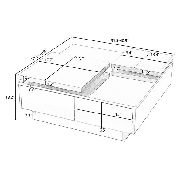 Movable Top Coffee Table, Modern Square Wood Coffee Table with High Gloss finish, 4 Hidden Storage Drawers for Living Room