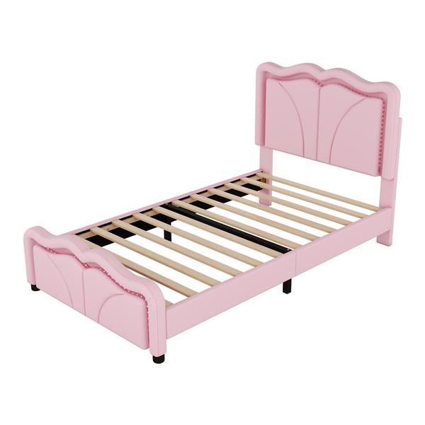 Twin Size Upholstered Platform Bed with Curve Shaped and Height-adjustbale Headboard,LED Light Strips,Pink