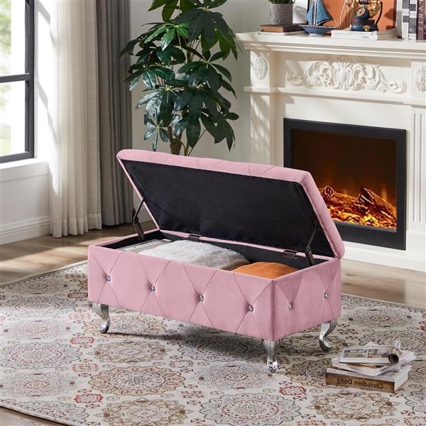 Storage Ottoman Bench, Bedroom End Bench,Velvet Upholstered Storage Bench with Button,Storage Ottoman with Safety Hinge,Flip top,metal leg with footpad,Perfect for Living Room,Entryway,Bedroom,Pink