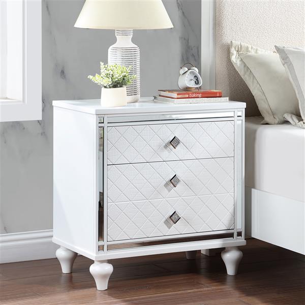 Contemporary Nightstands with mirror frame accents, Bedside Table with two drawers and one hidden drawer, End Table with Crystal Pull for Living Room,Bedroom, White