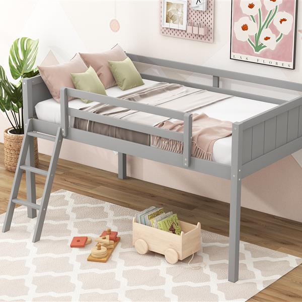 Twin Size Wood Loft Bed with Ladder, ladder can be placed on the left or right, Gray