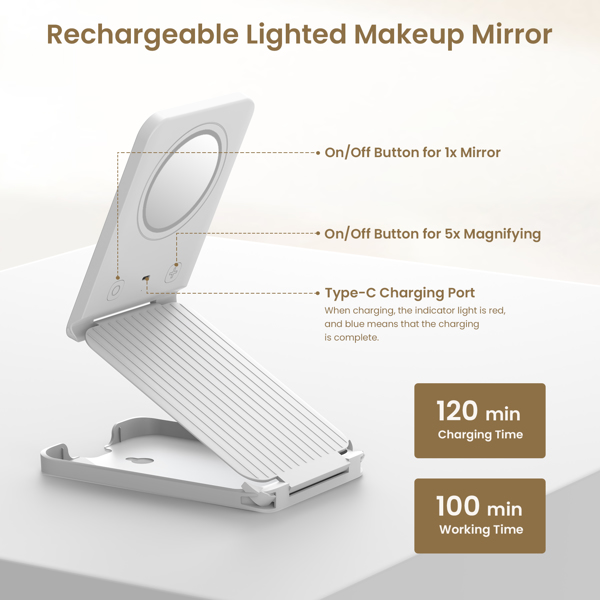 Travel Makeup Mirror with Lights, Portable Vanity Mirror with 5X Lighted Magnification, 3 Color Lights, 1000mAh Battery, Freely Adjust Height and Angle(Ships from FBA warehouse, banned by Amazon)