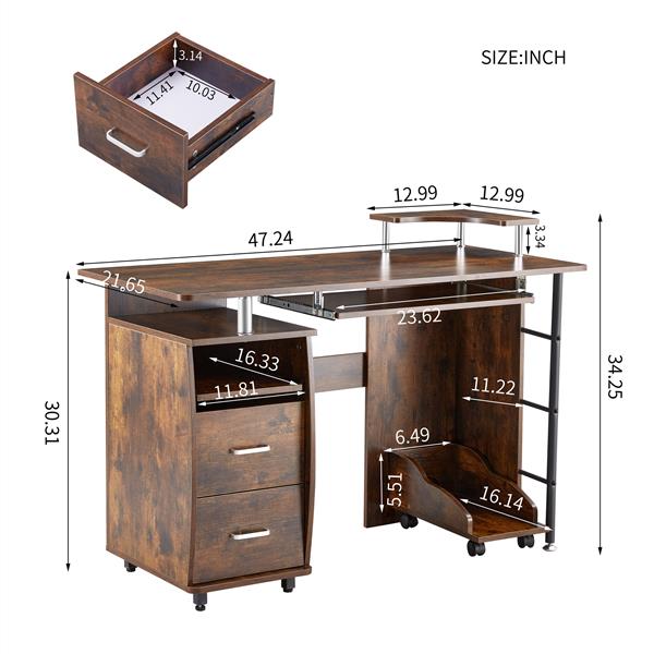 D&N solid wood computer Desk,office table with PC droller, storage shelves and file cabinet , two drawers, Ctray,a shelf used for planting, single , HPS, 47.24''L 21.65''W 34.35''H