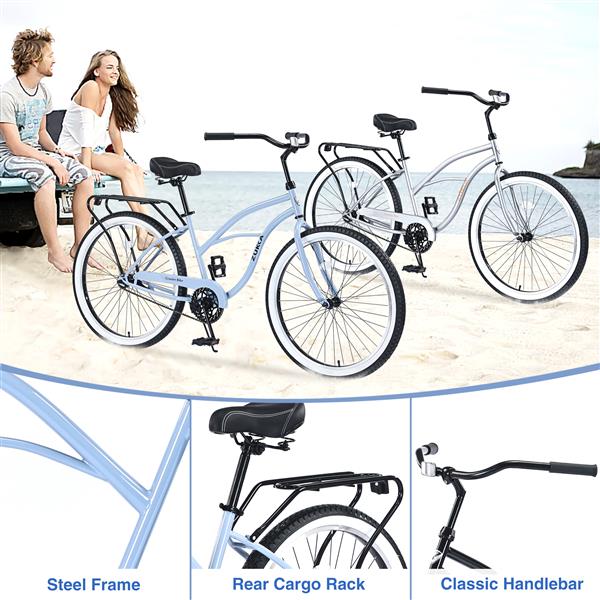 Single Speed Bicycles 26"Inch,Steel Frame, Wide Wheels for Stability, Rear Coaster Brakes,Multiple ColorsWomen's Beach Cruiser Bike