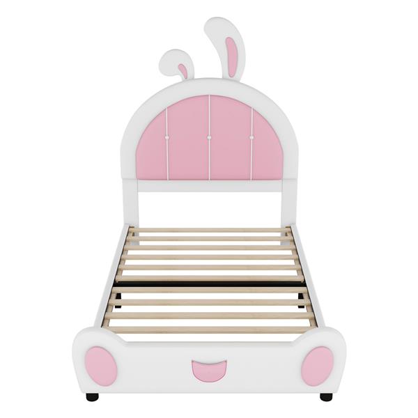 Twin Size Upholstered Platform Bed with Rabbit Shaped Headboard, White