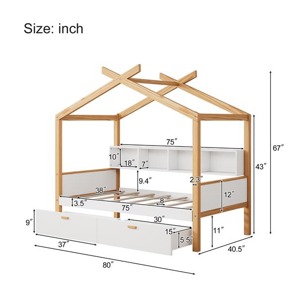 White Twin Size Wooden House Bed Original Wood Colored Frame with Two Drawers and Bookshelf Storage Space for Children or Guest Room