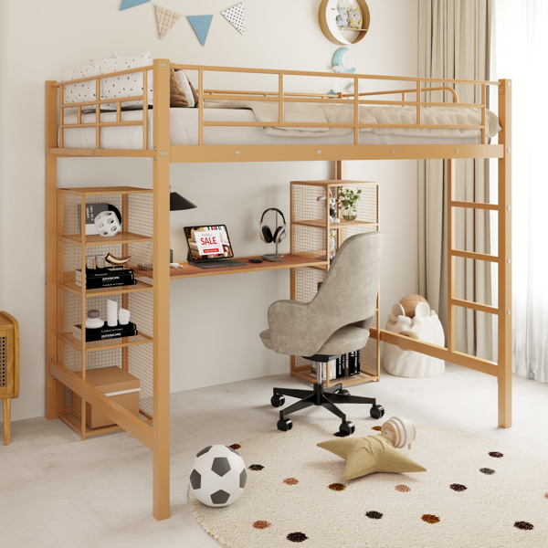 Full Size Metal Loft Bed with Built-in Desk and Shelves, Gold+Brown