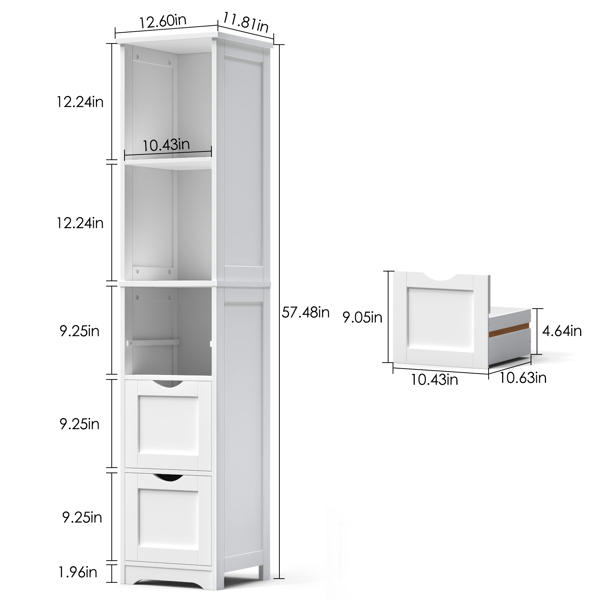 Bathroom Tall Storage Cabinet, Slim Free Standing Cabinet with 3 Drawers and 2 Shelves,Floor Cabinet for Small Space, 11.8" D x 12.6" W x 57.5" H, White 