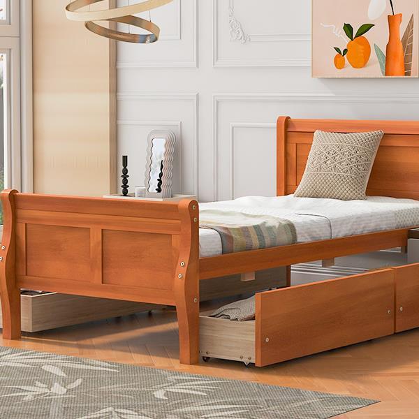 Twin Size Wood Platform Bed with 4 Drawers and Streamlined Headboard & Footboard, Oak