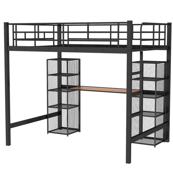 Full Size Metal Loft Bed with Built-in Desk and Shelves, Black+Brown