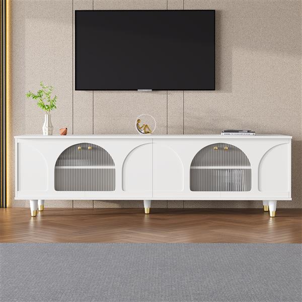 Contemporary TV Stand with Adjustable Shelves for TVs Up to 78'', Stylish Media Console with Gold Handles and Arch Fluted Glass Doors, Delicate Entertainment Center for Living Room, White