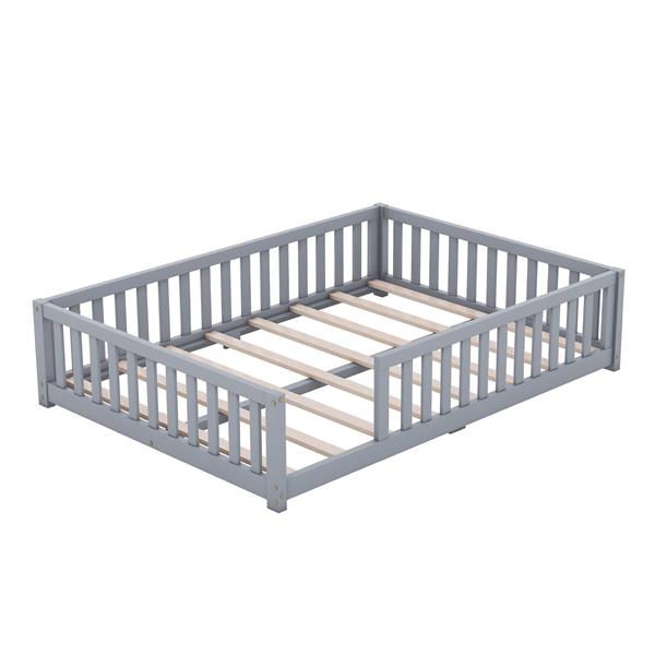 Full Size Bed Floor Bed with Safety Guardrails and Door for Kids, Gray