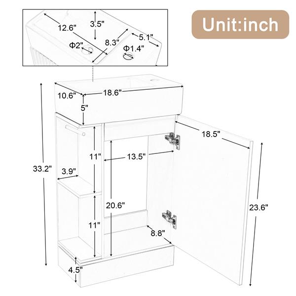 18.6" Bathroom Vanity with Sink, Bathroom Vanity Cabinet with Two-tier Shelf, Left or Right Orientation, Natural