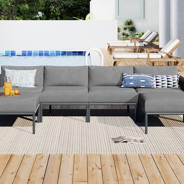 6-Pieces Aluminum Patio Furniture Set, Modern Metal Outdoor Conversation Set Sectional Sofa With Removable Olefin Extra Thick Cushions 5.9" Cushion, Grey