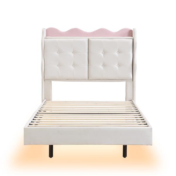 Twin Size Upholstery Platform Bed Frame with LED Light Strips,Headboard Storage Space and Two USB Charging Deisgn,Beige