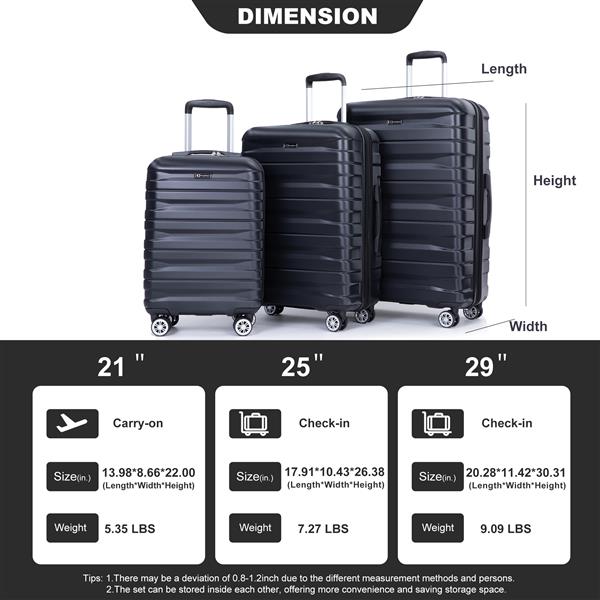 3 Piece Luggage Sets PC Lightweight & Durable Expandable Suitcase with Two Hooks, Double Spinner Wheels, TSA Lock, (21/25/29) Black