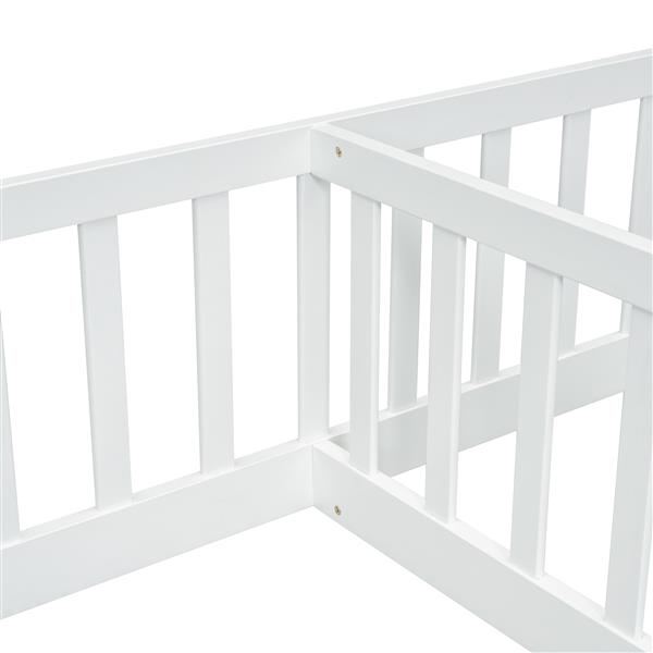 Double Twin Floor Bed with Fence, Guardrails, without door, White