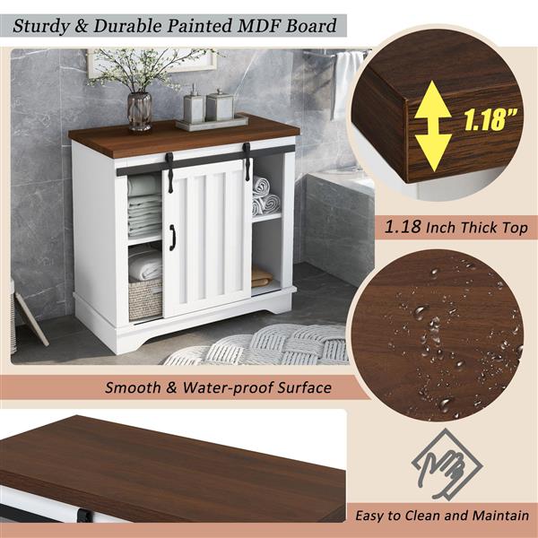 Bathroom Storage Cabinet, Freestanding Cabinet, Sliding Barn Door, Thick Top, Adjustable Shelf, White and Brown