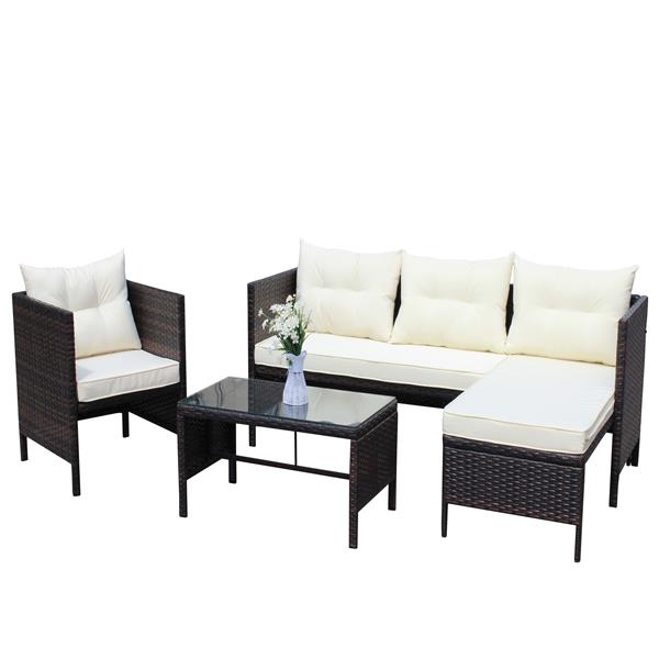 Outdoor patio Furniture sets 4 piece Conversation set wicker Ratten Sectional Sofa With Seat Cushions(Beige Cushion)