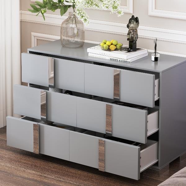 Elegant Modern Dresser with Metal Handle,Mirrored Storage Cabinet with 6 Drawers for Bedroom,Living Room,Grey