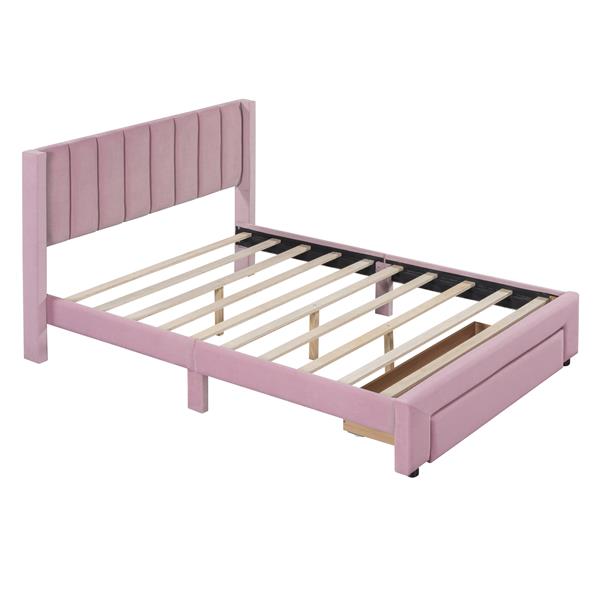 Full Size Storage Bed Velvet Upholstered Platform Bed with a Big Drawer - Pink