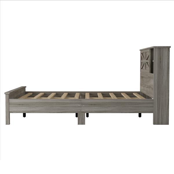 Farmhouse Platform Bed with Double Sliding Barn Door, Queen Size Rustic Wood Bed with
Charging Station, Wood Slats Support, Antique Gray