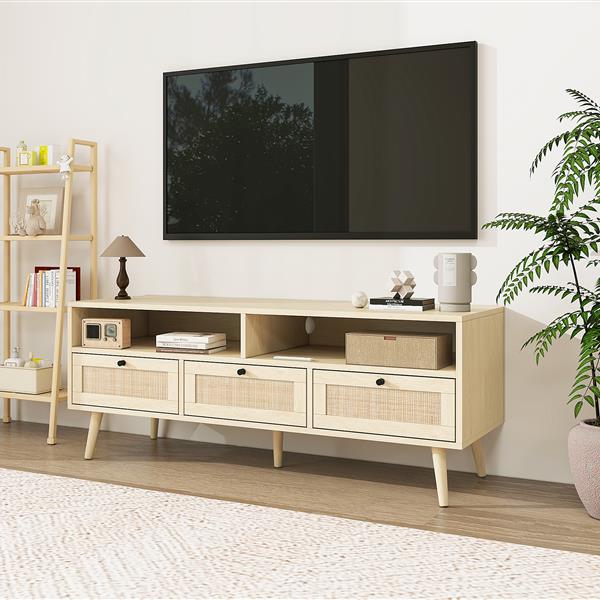 Rattan TV Stand with Solid Wood Feet, TV Console Table for Living Room, Natural