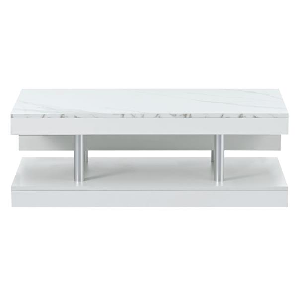 [VIDEO provided] Modern 2-Tier Coffee Table with Silver Metal Legs, Rectangle Cocktail Table with High-gloss UV Surface, Minimalist Design Center Table for Living Room, White