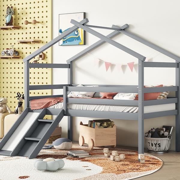 Twin Low Loft House Bed with Slide,  Ladder, Safety Guardrails, House Roof Frame,Grey