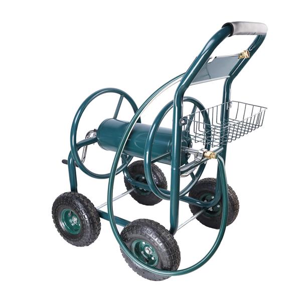 Garden Hose Reel Cart - 4 Wheels Portable Garden Hose Reel Cart with Storage Basket Rust Resistant Heavy Duty Water Hose Holder